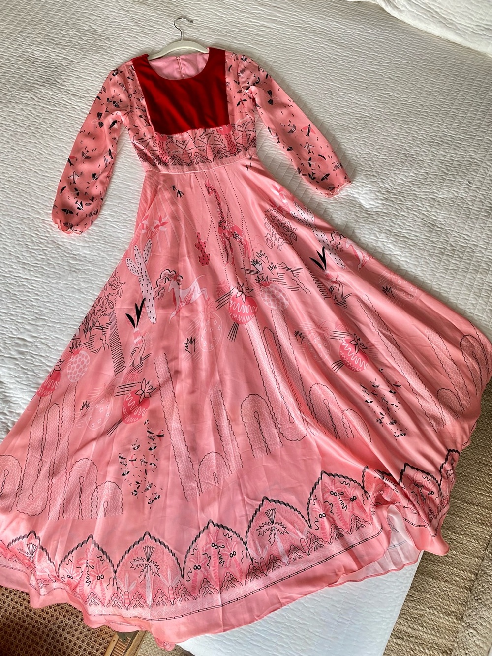 Vintage Pink & Red Print Flowy Long-Sleeve Maxi Dress | S